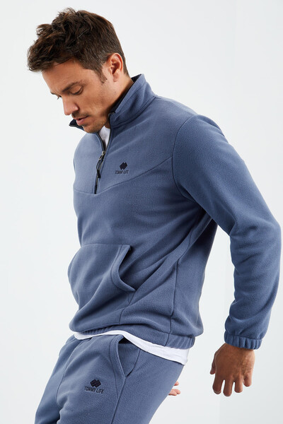 Tommylife Wholesale Petrol Blue With Half Zipper Neckband Elastic Hem Men's Fleece Set - 85159 - 6