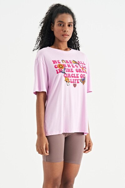 Tommylife Wholesale Pink O-Neck Oversize Women's T-Shirt - 02305 - Thumbnail