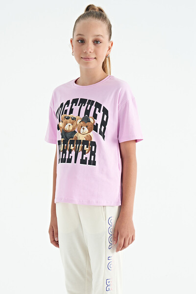 Tommylife Wholesale Pink Round Neck Oversize Short Sleeve Girls T-Shirt - 75116 - Thumbnail