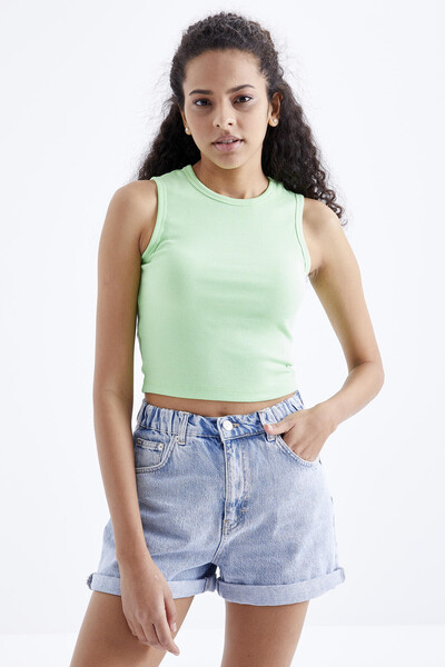 Tommylife Wholesale Pistachio Green Basic Crew Neck Women's Crop Top Tank - 97204 - Thumbnail