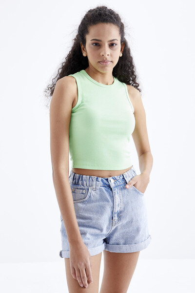 Tommylife Wholesale Pistachio Green Basic Crew Neck Women's Crop Top Tank - 97204 - Thumbnail