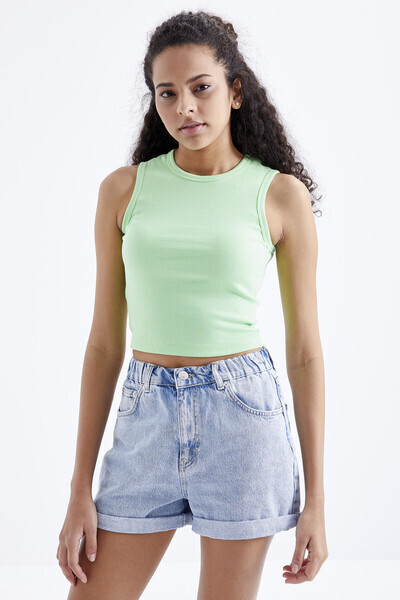 Tommylife Wholesale Pistachio Green Basic Crew Neck Women's Crop Top Tank - 97204 - Thumbnail