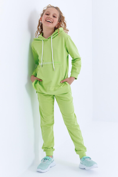 Tommylife Wholesale Pistachio Green Basic With Kangaroo Pocket Hooded Comfy Girl Tracksuit Set - 75056 - Thumbnail