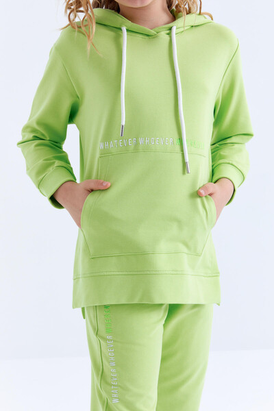 Tommylife Wholesale Pistachio Green Basic With Kangaroo Pocket Hooded Comfy Girl Tracksuit Set - 75056 - Thumbnail