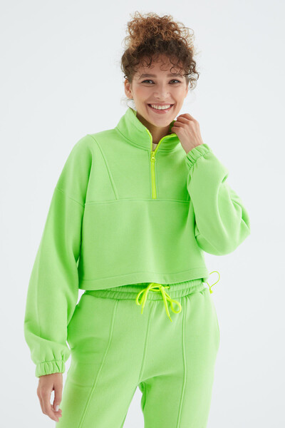 Tommylife Wholesale Pistachio Green Half Zippered Oversıze Women's Trouser Set - 95321 - Thumbnail