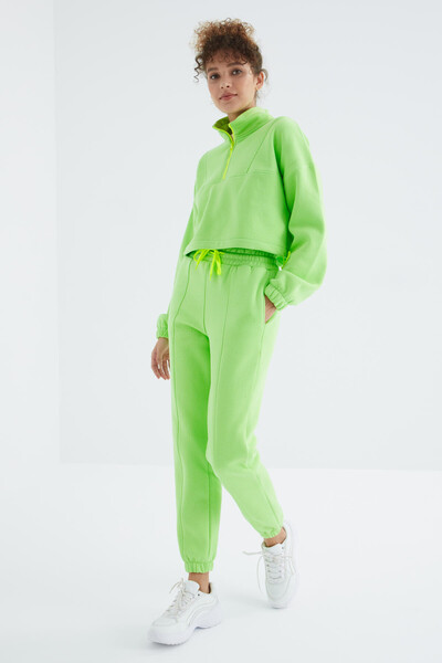 Tommylife Wholesale Pistachio Green Half Zippered Oversıze Women's Trouser Set - 95321 - Thumbnail