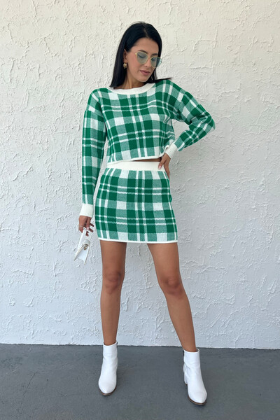 Tommylife Wholesale Plaid Patterned Women's Crop Knit Set 02032 Green - Thumbnail