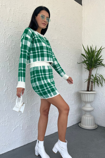 Tommylife Wholesale Plaid Patterned Women's Crop Knit Set 02032 Green - Thumbnail