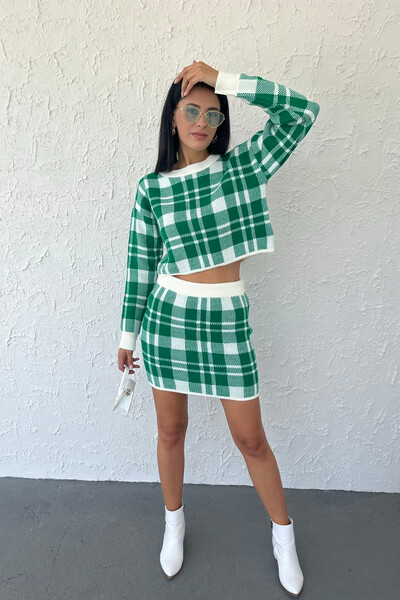 Tommylife Wholesale Plaid Patterned Women's Crop Knit Set 02032 Green - Thumbnail