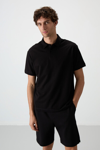 Tommylife Wholesale Polo Neck Comfy Basic Men's T-Shirt 88381 Black - Thumbnail