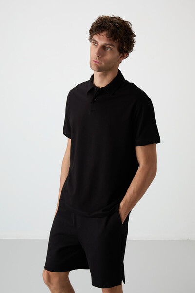 Tommylife Wholesale Polo Neck Comfy Basic Men's T-Shirt 88381 Black - Thumbnail