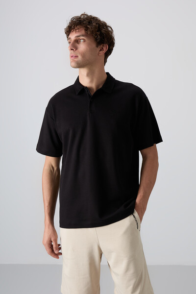 Tommylife Wholesale Polo Neck Oversize Basic Men's T-Shirt 88327 Black - Thumbnail