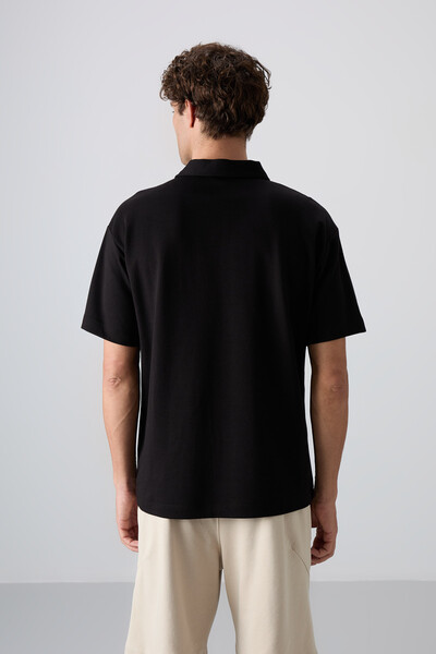 Tommylife Wholesale Polo Neck Oversize Basic Men's T-Shirt 88327 Black - Thumbnail