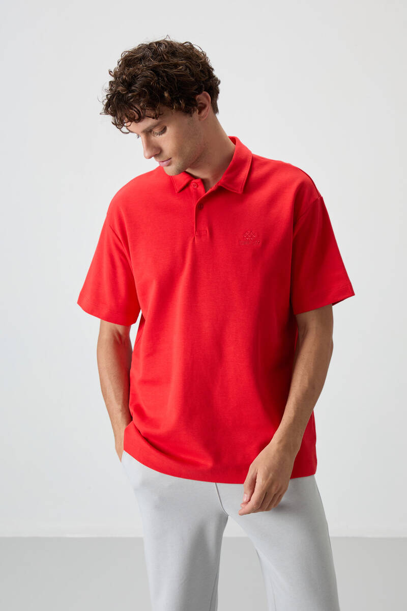 TOMMYLIFE - Tommylife Wholesale Polo Neck Oversize Basic Men's T-Shirt 88327 Fiesta