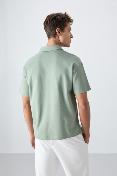 Tommylife Wholesale Polo Neck Oversize Basic Men's T-Shirt 88327 Light Green - Thumbnail