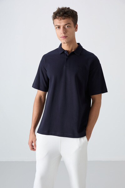 Tommylife Wholesale Polo Neck Oversize Basic Men's T-Shirt 88327 Navy Blue - Thumbnail