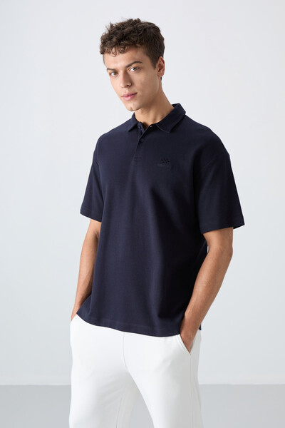 Tommylife Wholesale Polo Neck Oversize Basic Men's T-Shirt 88327 Navy Blue - Thumbnail