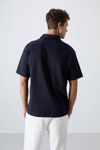 Tommylife Wholesale Polo Neck Oversize Basic Men's T-Shirt 88327 Navy Blue - Thumbnail