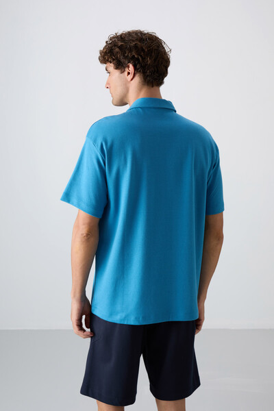 Tommylife Wholesale Polo Neck Oversize Basic Men's T-Shirt 88327 Petrol Blue - Thumbnail