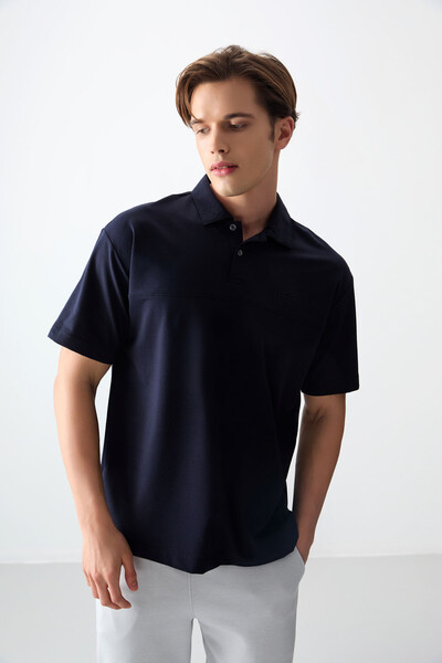 Tommylife Wholesale Polo Neck Oversize Basic Men's T-Shirt 88382 Navy Blue - Thumbnail