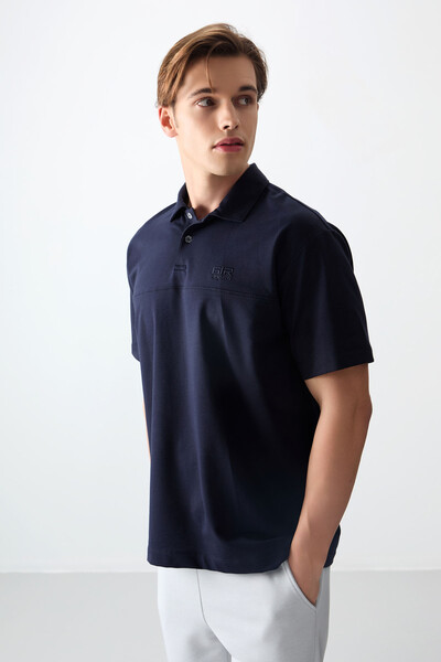 Tommylife Wholesale Polo Neck Oversize Basic Men's T-Shirt 88382 Navy Blue - Thumbnail