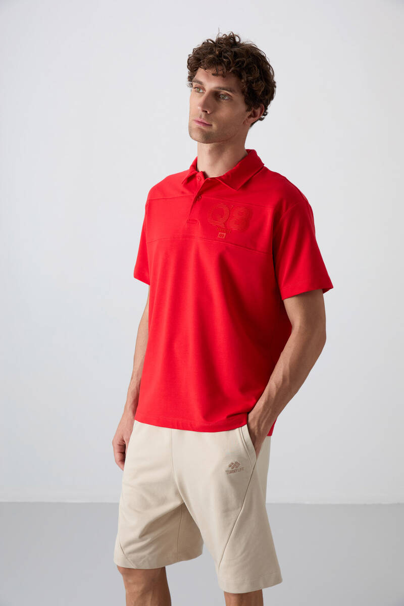 TOMMYLIFE - Tommylife Wholesale Polo Neck Oversize Printed Men's T-Shirt 88347 Fiesta