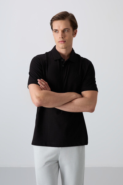 Tommylife Wholesale Polo Neck Standard Fit Basic Men's T-Shirt 88348 Black - Thumbnail