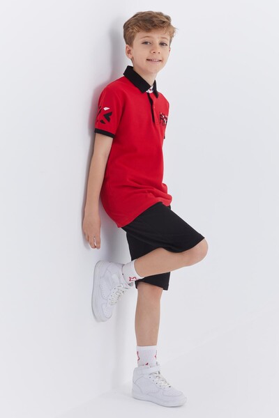 Tommylife Wholesale Polo Neck Standard Fit Boys' Shorts Set 10941 Red Black - Thumbnail