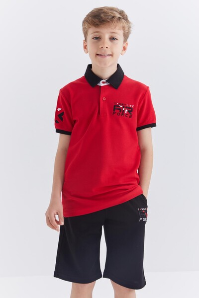 Tommylife Wholesale Polo Neck Standard Fit Boys' Shorts Set 10941 Red Black - Thumbnail