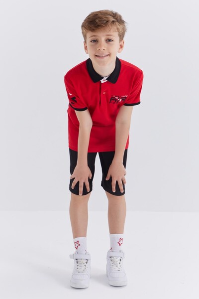 Tommylife Wholesale Polo Neck Standard Fit Boys' Shorts Set 10941 Red Black - Thumbnail