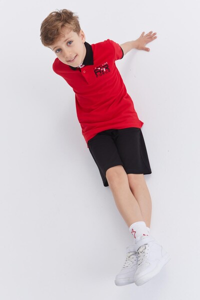 Tommylife Wholesale Polo Neck Standard Fit Boys' Shorts Set 10941 Red Black - Thumbnail