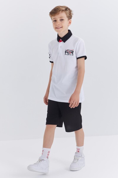 Tommylife Wholesale Polo Neck Standard Fit Boys' Shorts Set 10941 White - Black - Thumbnail