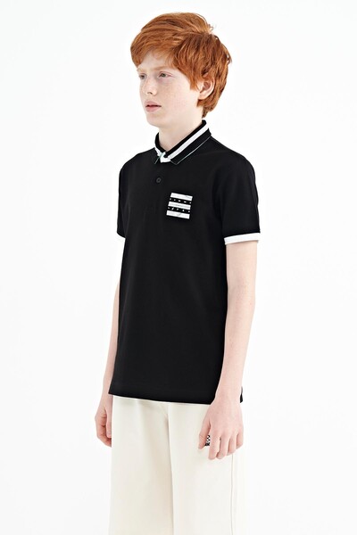 Tommylife Wholesale Polo Neck Standard Fit Printed Boys' T-Shirt 11111 Black - Thumbnail