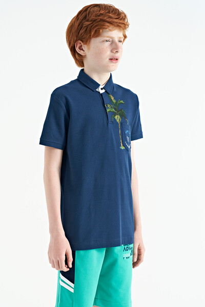 Tommylife Wholesale Polo Neck Standard Fit Printed Boys' T-Shirt 11144 Indigo - Thumbnail