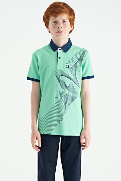 Tommylife Wholesale Polo Neck Standard Fit Printed Boys' T-Shirt 11164 Aqua Green - Thumbnail