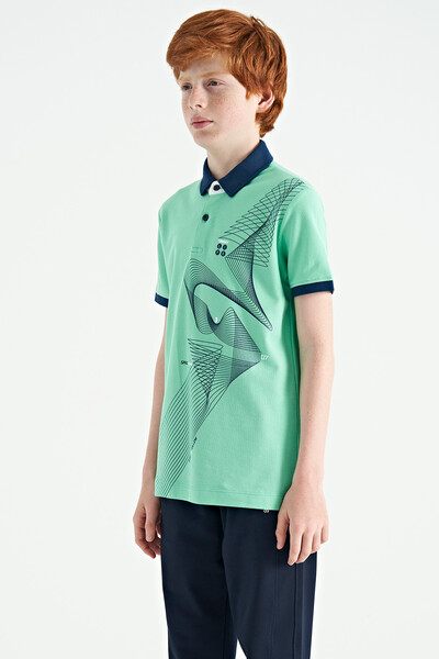 Tommylife Wholesale Polo Neck Standard Fit Printed Boys' T-Shirt 11164 Aqua Green - Thumbnail