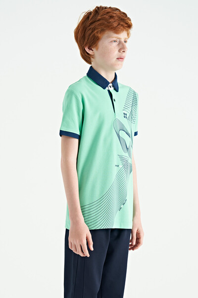 Tommylife Wholesale Polo Neck Standard Fit Printed Boys' T-Shirt 11164 Aqua Green - Thumbnail