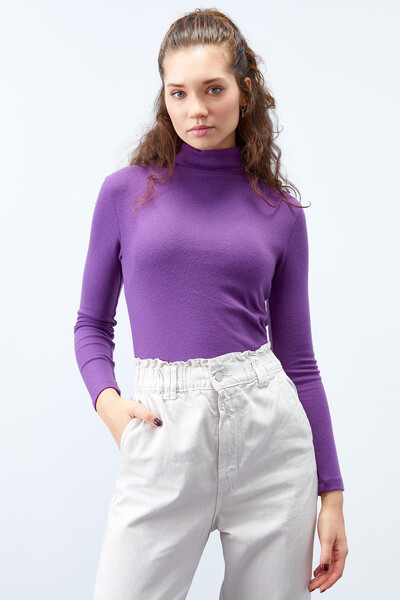 Tommylife Wholesale Purple Turtleneck Skinny Fit Body Women's Jumper - 97199 - Thumbnail