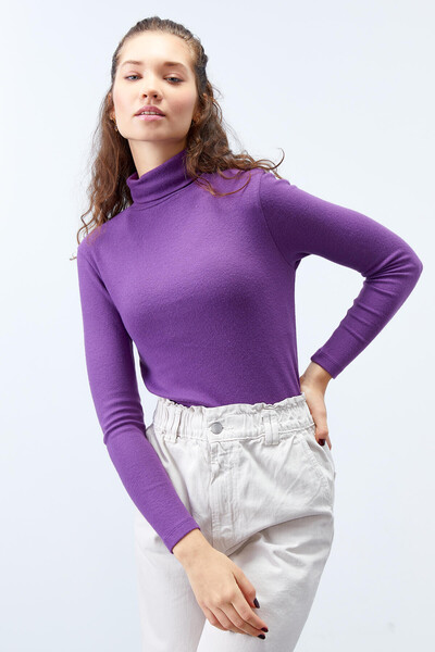 Tommylife Wholesale Purple Turtleneck Skinny Fit Body Women's Jumper - 97199 - Thumbnail