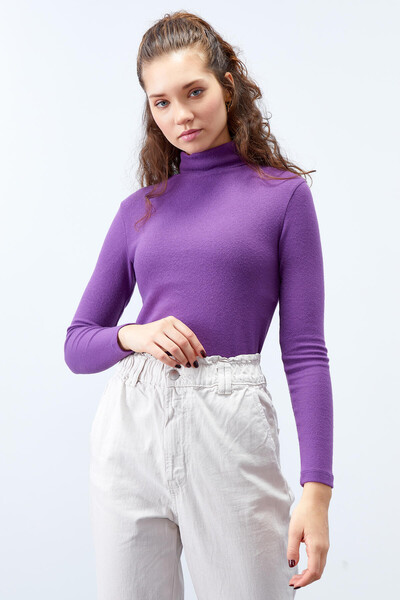 Tommylife Wholesale Purple Turtleneck Skinny Fit Body Women's Jumper - 97199 - Thumbnail