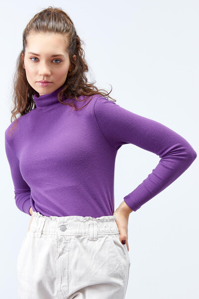 Tommylife Wholesale Purple Turtleneck Skinny Fit Body Women's Jumper - 97199 - Thumbnail