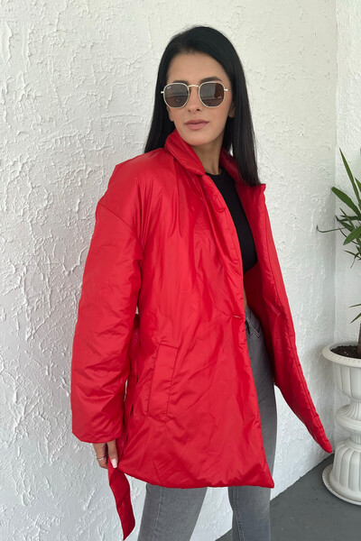 Tommylife Wholesale Red Belted Pocket Detailed Women's Coat - 02054 - Thumbnail