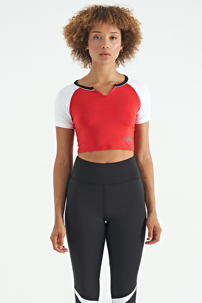 Tommylife Wholesale Red Crew Neck Slim Fit Women's Crop T-Shirt - 97270 - Thumbnail