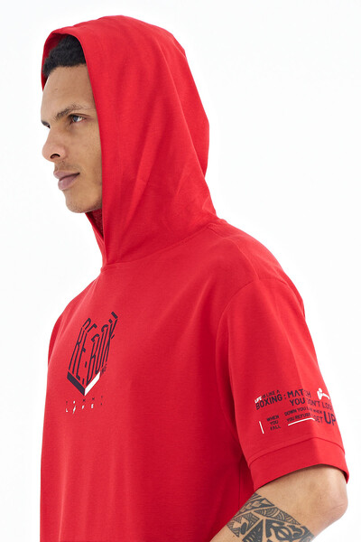 Tommylife Wholesale Red Hooded Oversize Men's T-shirt - 88194 - Thumbnail