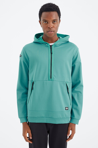 Tommylife Wholesale Sea Green Hooded Half Zip Relaxed Fit Men's Sweatshirt - 88274 - Thumbnail