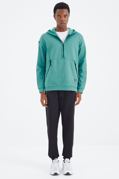 Tommylife Wholesale Sea Green Hooded Half Zip Relaxed Fit Men's Sweatshirt - 88274 - Thumbnail