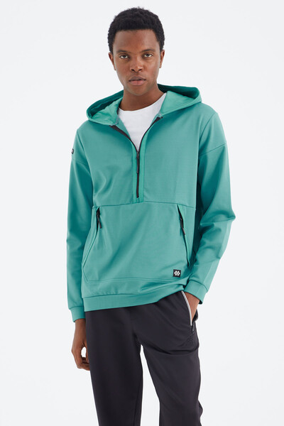 Tommylife Wholesale Sea Green Hooded Half Zip Relaxed Fit Men's Sweatshirt - 88274 - Thumbnail