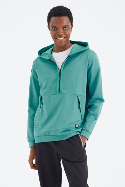 Tommylife Wholesale Sea Green Hooded Half Zip Relaxed Fit Men's Sweatshirt - 88274 - Thumbnail