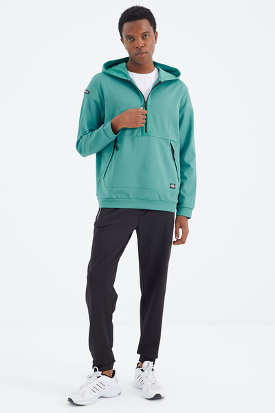 Tommylife Wholesale Sea Green Hooded Half Zip Relaxed Fit Men's Sweatshirt - 88274 - Thumbnail