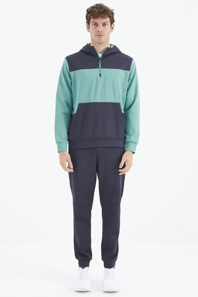 Tommylife Wholesale Sea Green - Navy Blue Hooded Half Zip Men's Tracksuit Set - 85214 - Thumbnail